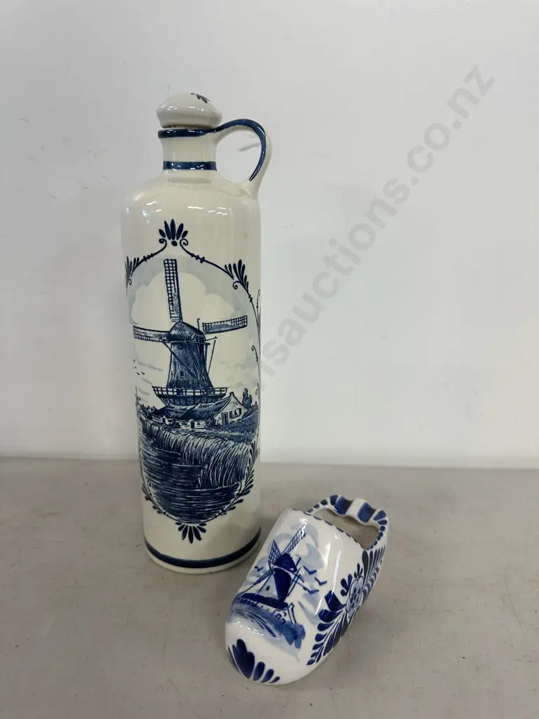Delft Items Including Decanter & Clog Ashtray Image 1++