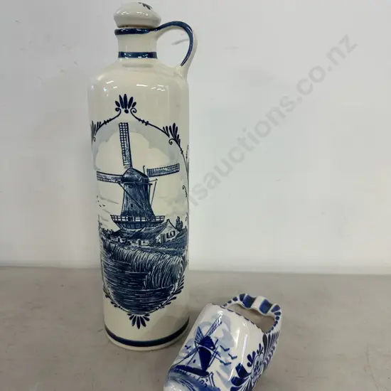 Delft Items Including Decanter & Clog Ashtray