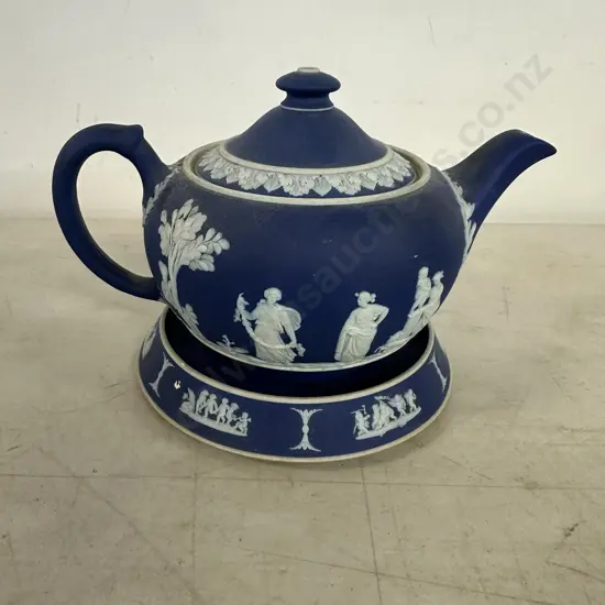 Vintage Wedgwood Colbalt Blue Jasperware Teapot & Trivet