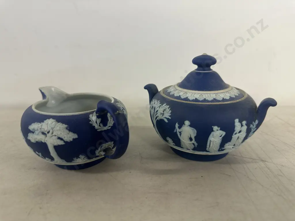 Vintage Wedgwood Colbalt Blue Jasperware Sugar Bowl & Creamer Image 1++