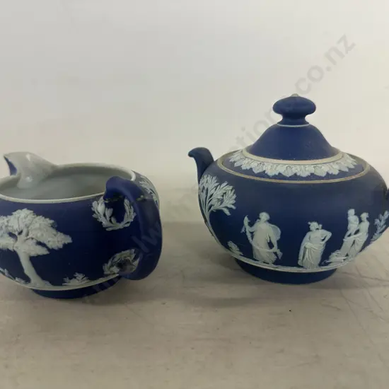 Vintage Wedgwood Colbalt Blue Jasperware Sugar Bowl & Creamer