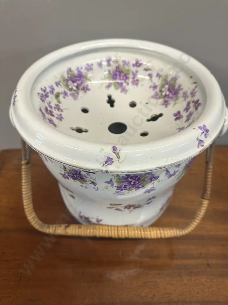 Antique Ceramic Pot With Draining Dish & Cane Handle (Been Repaired) H28cm. Image 1++