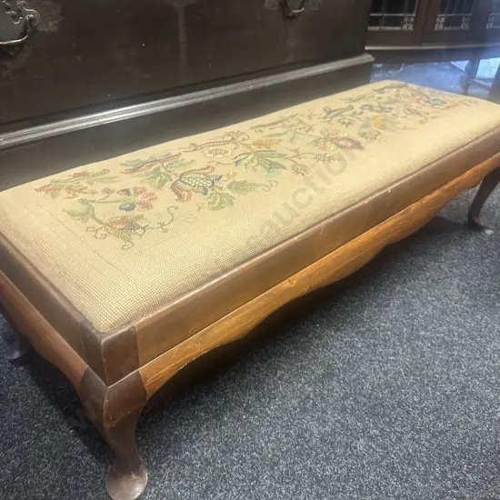 Queen Anne Style Needlepoint Upholstered Fire Bench / Long Footstool. H32 W110 D39cm