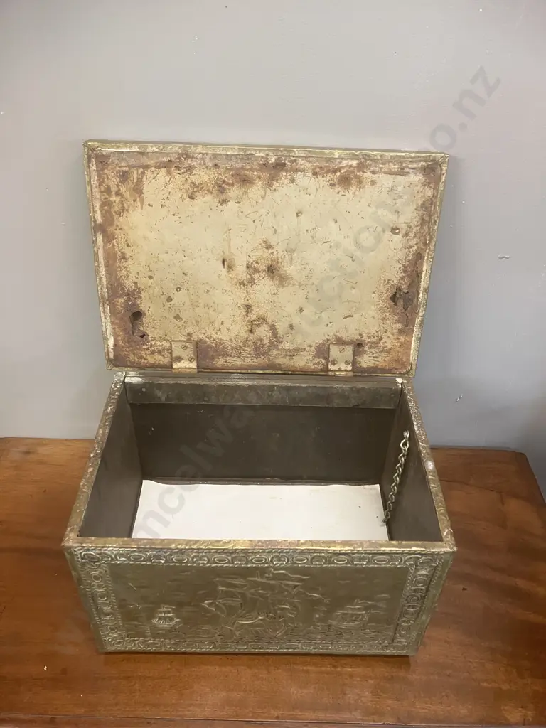 Antique Embossed Brass Repousse Coal / Kindling Box With Nautical Scenes, Lion Ring Handles Each Side. H26 W41 D28cm Image 1++