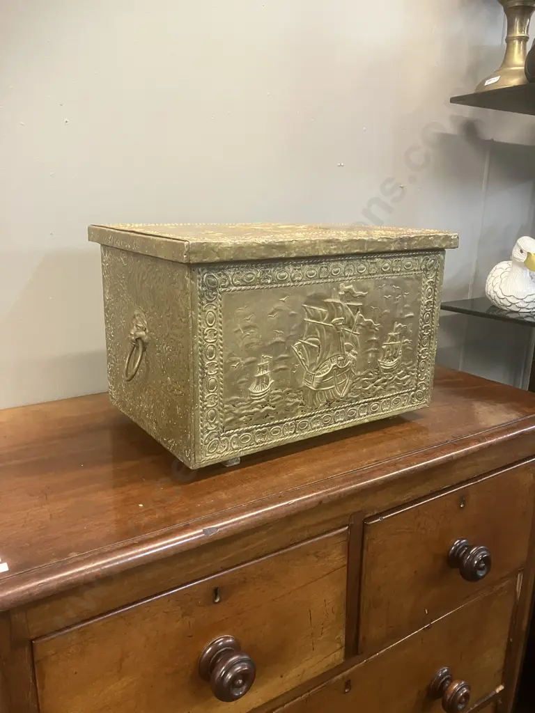 Antique Embossed Brass Repousse Coal / Kindling Box With Nautical Scenes, Lion Ring Handles Each Side. H26 W41 D28cm Image 1++
