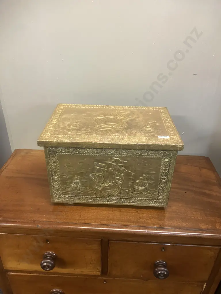 Antique Embossed Brass Repousse Coal / Kindling Box With Nautical Scenes, Lion Ring Handles Each Side. H26 W41 D28cm Image 1++