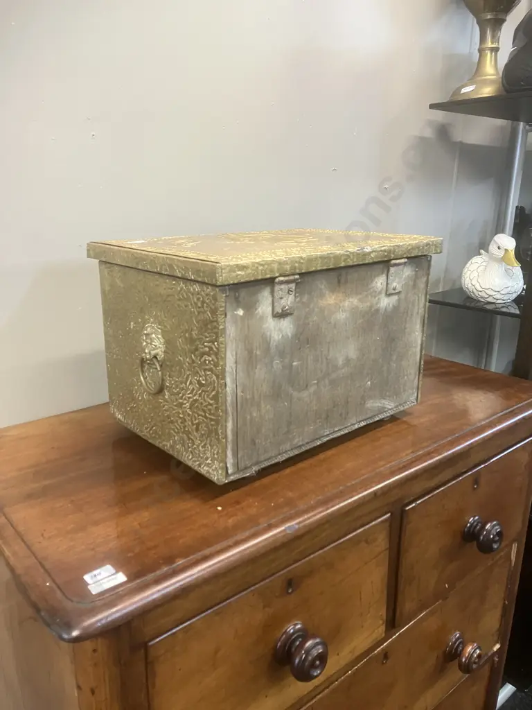 Antique Embossed Brass Repousse Coal / Kindling Box With Nautical Scenes, Lion Ring Handles Each Side. H26 W41 D28cm Image 1++
