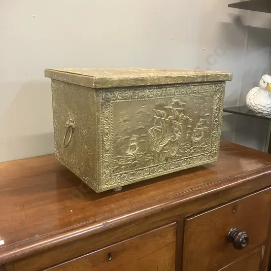 Antique Embossed Brass Repousse Coal / Kindling Box With Nautical Scenes, Lion Ring Handles Each Side. H26 W41 D28cm