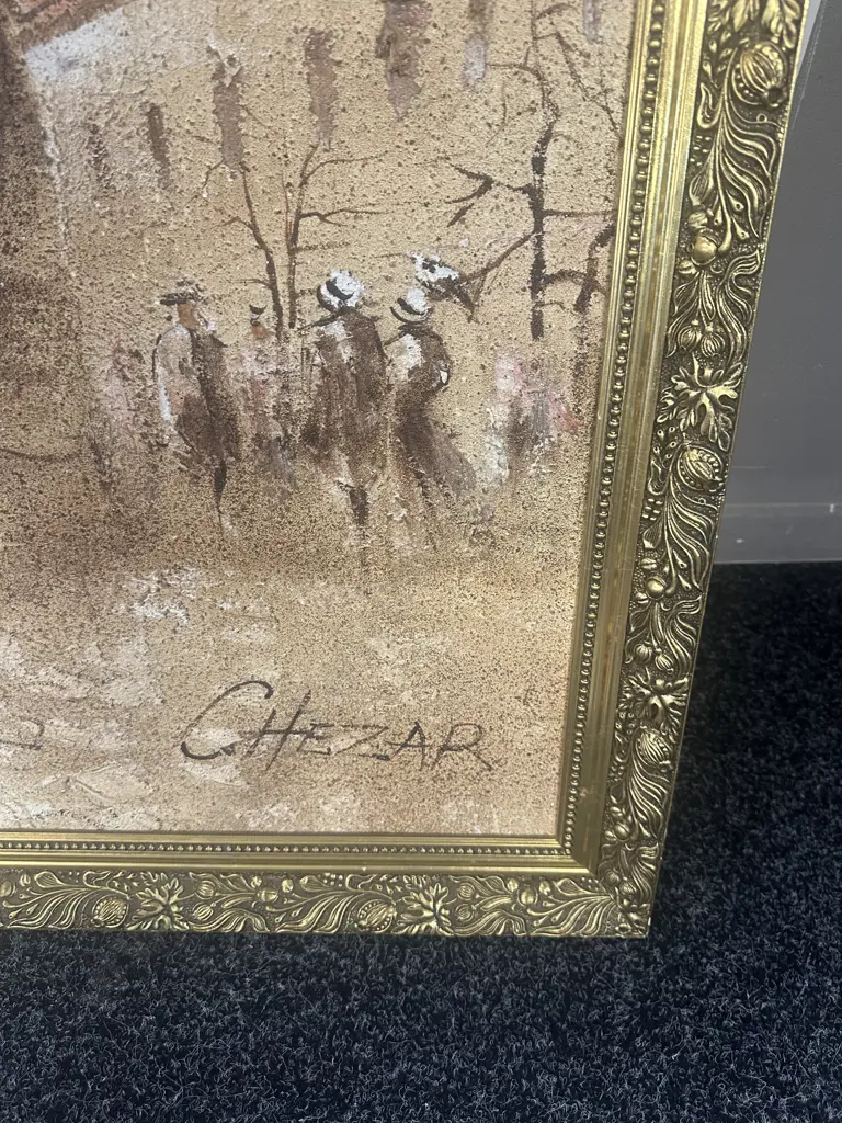 Vintage Gilt Framed Artwork Boris Chezar Streetscape Oil Sand Painting 72x132cm. Image 1++
