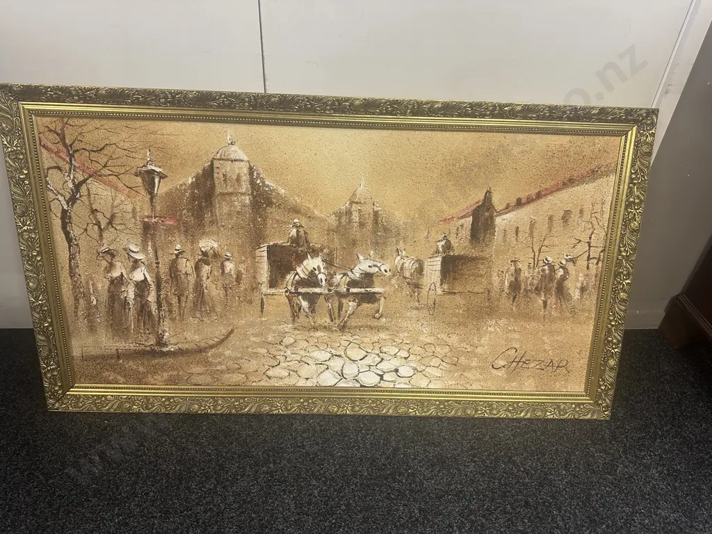 Vintage Gilt Framed Artwork Boris Chezar Streetscape Oil Sand Painting 72x132cm. Image 1++