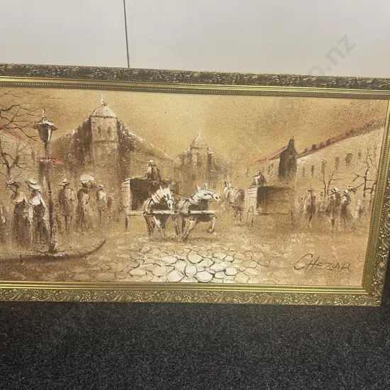 Vintage Gilt Framed Artwork Boris Chezar Streetscape Oil Sand Painting 72x132cm.