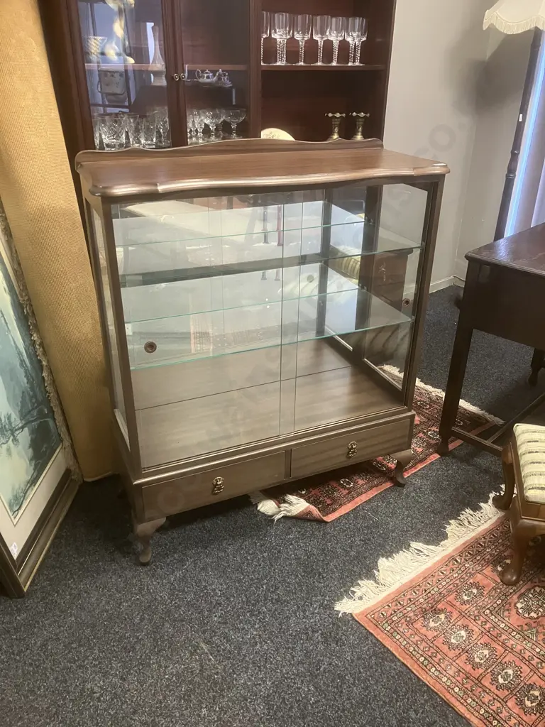 Vintage Laloli Furniture Glass Display Cabinet, Glass Shelves, Mirror Back, 2 Drawers In Base, Cab Legs. H108 W88 D36cm Image 1++
