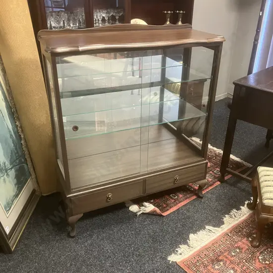 Vintage Laloli Furniture Glass Display Cabinet, Glass Shelves, Mirror Back, 2 Drawers In Base, Cab Legs. H108 W88 D36cm