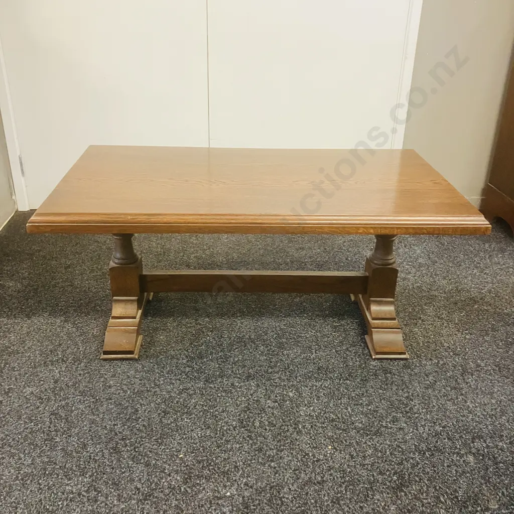 French Style Oak Coffee Table, Double Pedestal With Stretcher Base. H48 W108 D61cm Image 1++
