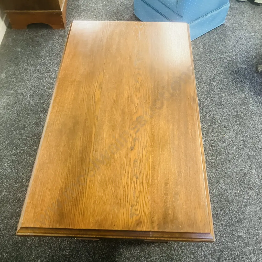 French Style Oak Coffee Table, Double Pedestal With Stretcher Base. H48 W108 D61cm Image 1++