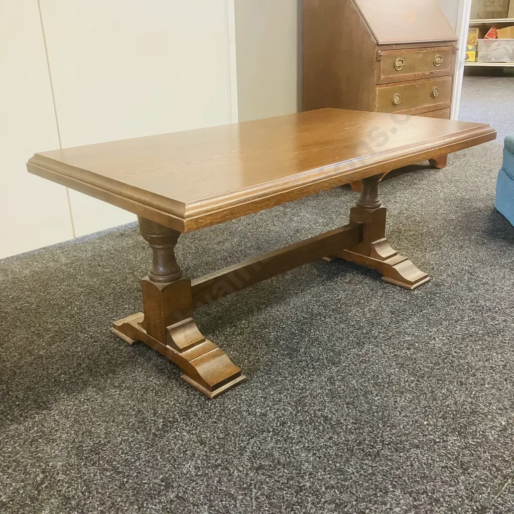French Style Oak Coffee Table, Double Pedestal With Stretcher Base. H48 W108 D61cm Image 1++