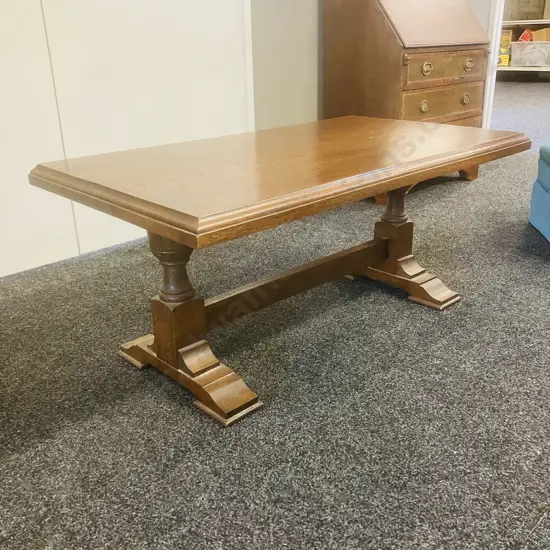 French Style Oak Coffee Table, Double Pedestal With Stretcher Base. H48 W108 D61cm