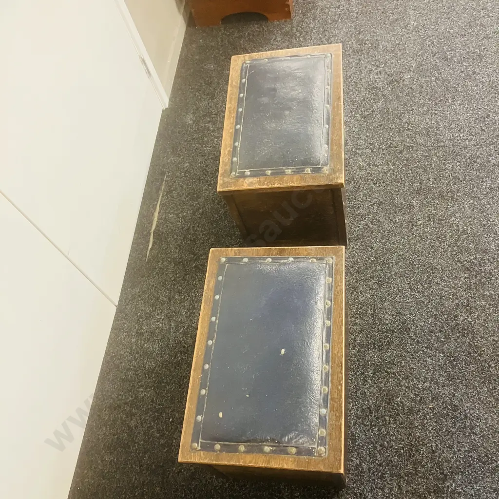 Antique Oak Fireside Boxes, Blue Leather Upholstered Tops - Pair Of. H37 W48.5 D32cm Image 1++