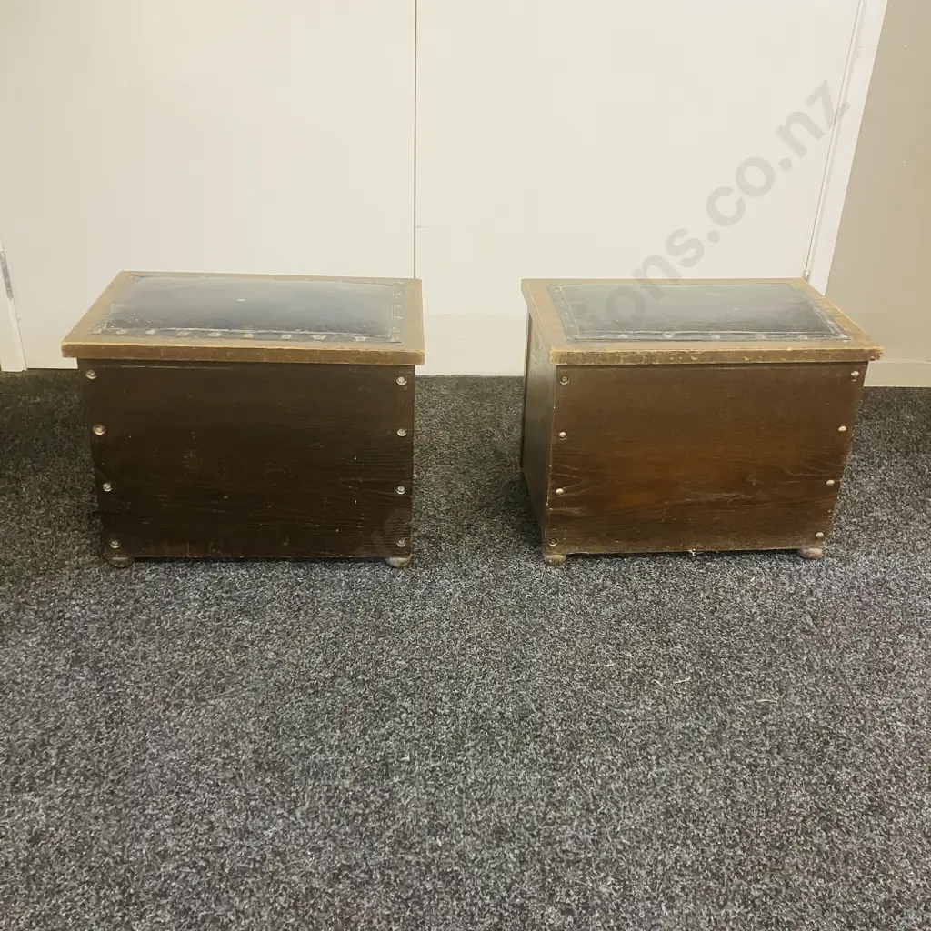 Antique Oak Fireside Boxes, Blue Leather Upholstered Tops - Pair Of. H37 W48.5 D32cm Image 1++