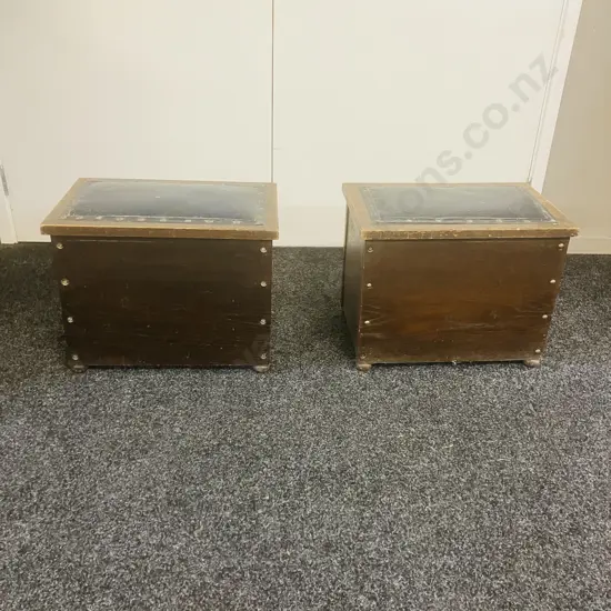 Antique Oak Fireside Boxes, Blue Leather Upholstered Tops - Pair Of. H37 W48.5 D32cm