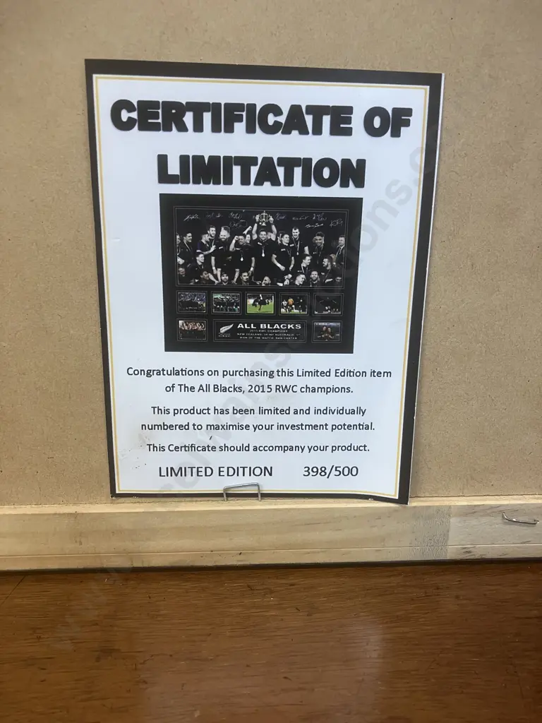 ALL BLACKS 2015 Rugby World Cup Champions Limited Edition Framed Memorabilia Print 398/500. 46 x 56cm Image 1++