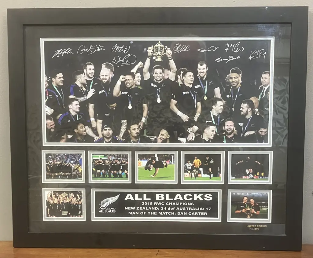 ALL BLACKS 2015 Rugby World Cup Champions Limited Edition Framed Memorabilia Print 398/500. 46 x 56cm Image 1++