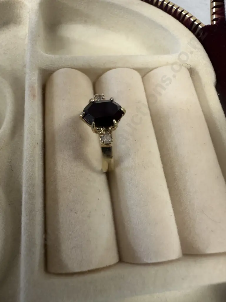 Stamped Ring Dark Red & Two Clear Stones Image 1++