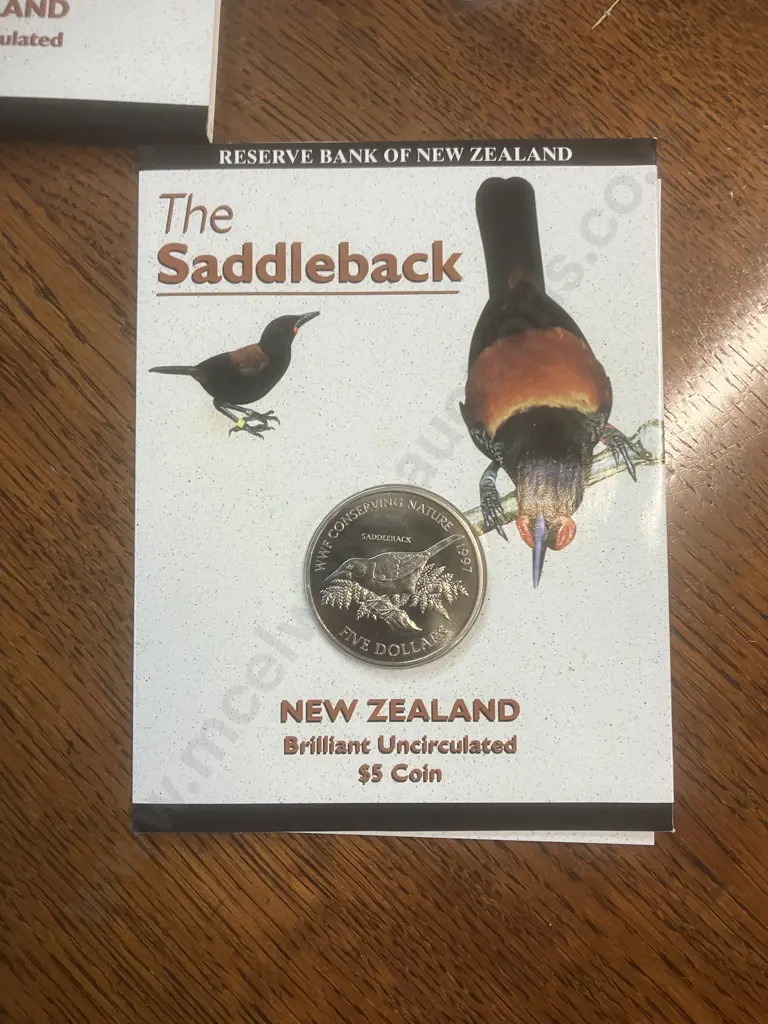 New Zealand 1997 Brilliant Uncirculated $5 Coin - Saddleback With Outer Sleeve & Info Card Image 1++