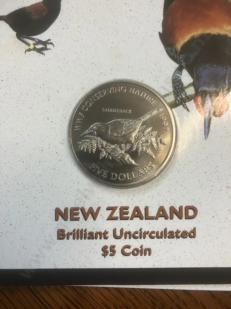 New Zealand 1997 Brilliant Uncirculated $5 Coin - Saddleback With Outer Sleeve & Info Card Image 1++