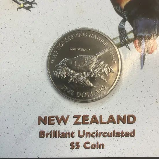 New Zealand 1997 Brilliant Uncirculated $5 Coin - Saddleback With Outer Sleeve & Info Card
