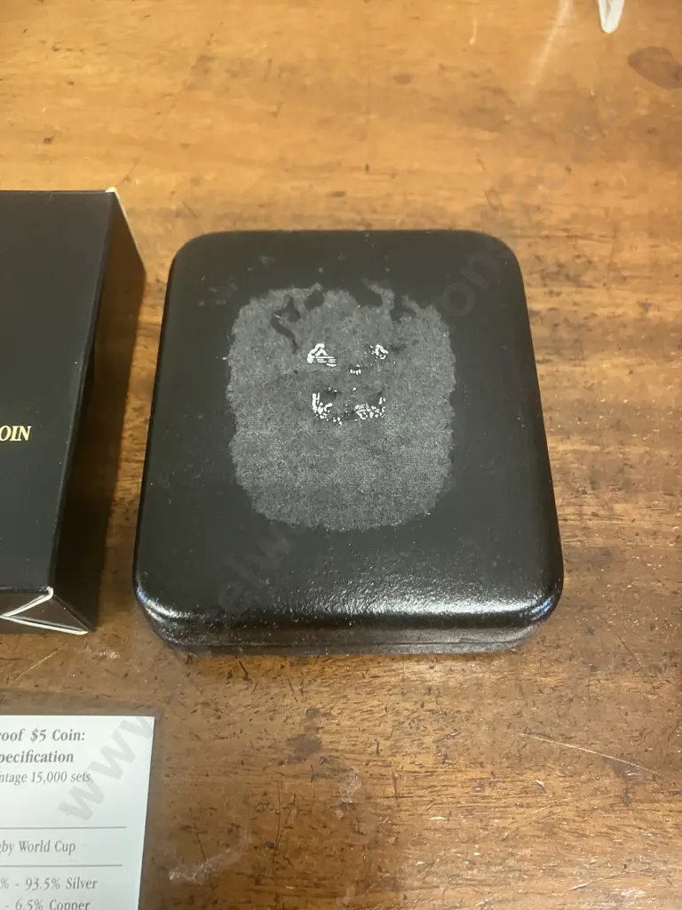 New Zealand 1991 Rugby World Cup Silver $5 Proof Coin, 0.925 Silver Proof, Case, Box & Info Card Image 1++