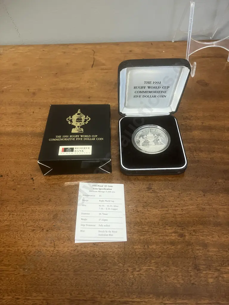New Zealand 1991 Rugby World Cup Silver $5 Proof Coin, 0.925 Silver Proof, Case, Box & Info Card Image 1++