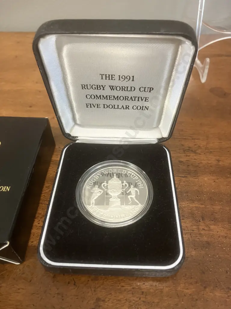 New Zealand 1991 Rugby World Cup Silver $5 Proof Coin, 0.925 Silver Proof, Case, Box & Info Card Image 1++