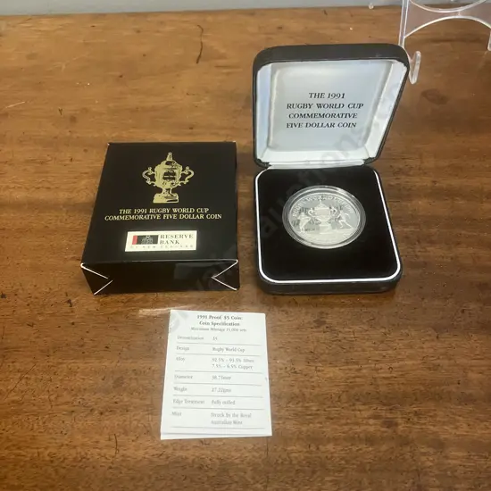 New Zealand 1991 Rugby World Cup Silver $5 Proof Coin, 0.925 Silver Proof, Case, Box & Info Card