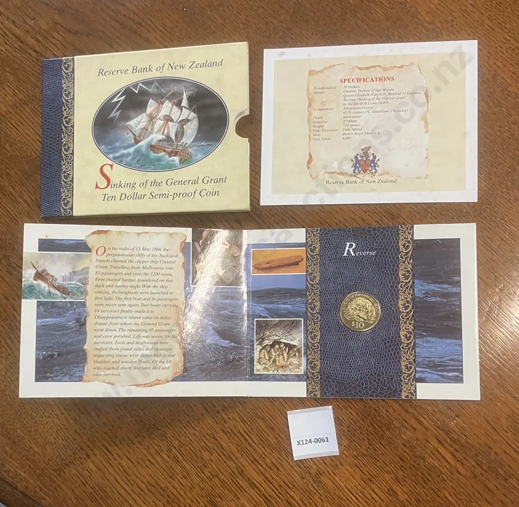 New Zealand 1996 Brilliant Uncirculated $10 Coin - Sinking Of The General Grant With Outer Sleeve & Info Card Image 1++