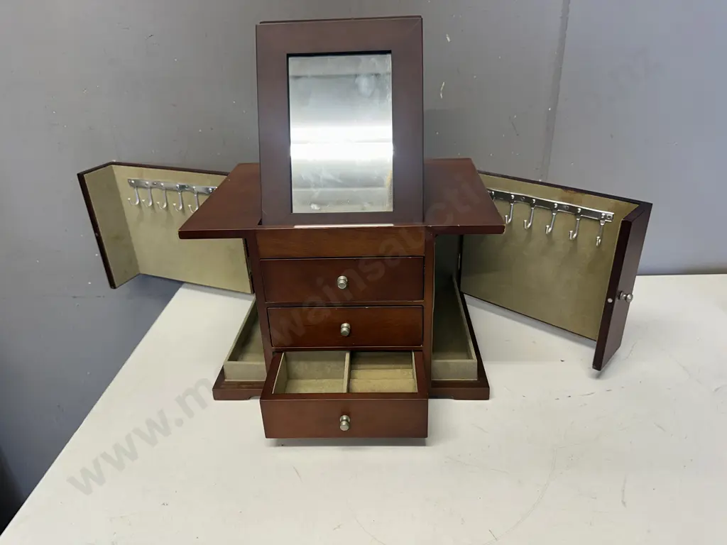 Wooden Jewellery Chest Brown Finish With Built In Top Mirror, Side Opening Storage & 3 Drawers Image 1++