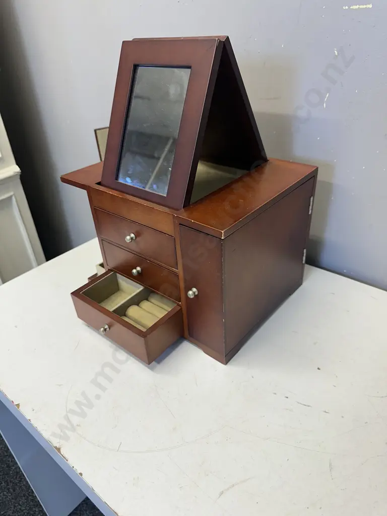 Wooden Jewellery Chest Brown Finish With Built In Top Mirror, Side Opening Storage & 3 Drawers Image 1++