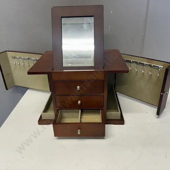 Wooden Jewellery Chest Brown Finish With Built In Top Mirror, Side Opening Storage & 3 Drawers
