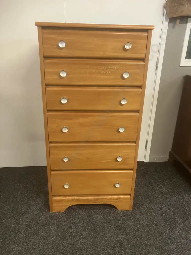 Mid-Century Rimu 6 Drawer Tallboy With Original Handles. H127.5 W64 D41cm Image 1++