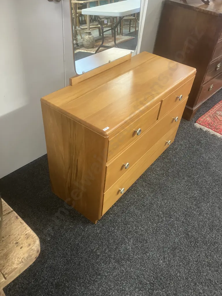 Mid-Century Rimu 4 Drawer Dressing Table With Original Handles. H151.5 W97 D41cm Image 1++