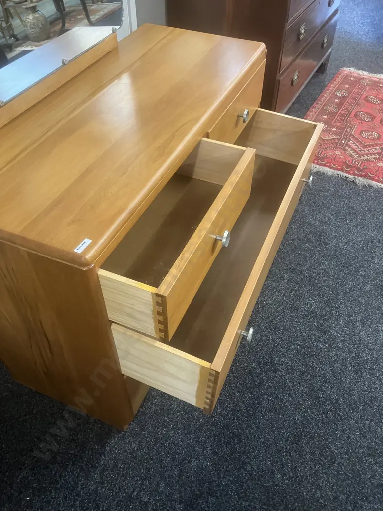 Mid-Century Rimu 4 Drawer Dressing Table With Original Handles. H151.5 W97 D41cm Image 1++