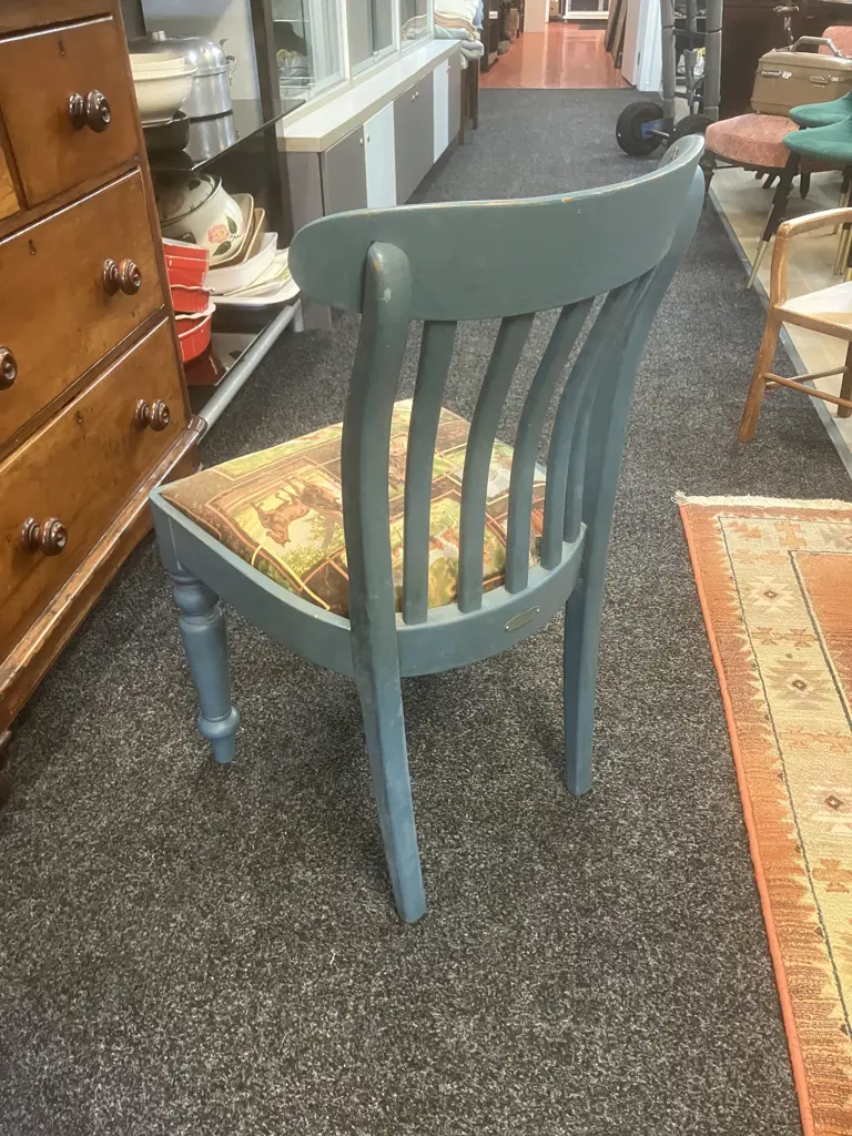 HOBBS Handmade New Zealand Blue Painted Side Chair With Brass Detailing & Horses Pattern Fabric. H83 W43 D45cm Image 1++