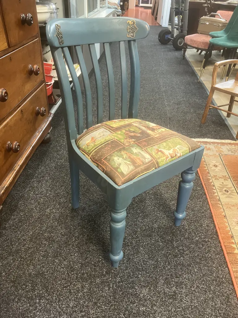 HOBBS Handmade New Zealand Blue Painted Side Chair With Brass Detailing & Horses Pattern Fabric. H83 W43 D45cm Image 1++