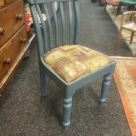 HOBBS Handmade New Zealand Blue Painted Side Chair With Brass Detailing & Horses Pattern Fabric. H83 W43 D45cm