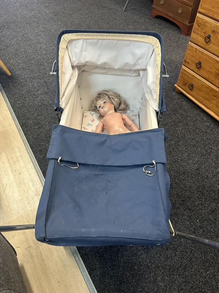 Antique Doll & Blue & White Pram Image 1++