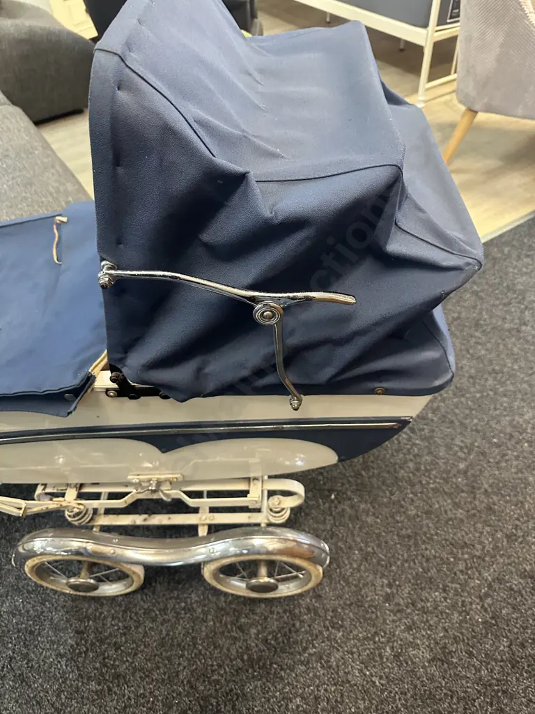 Antique Doll & Blue & White Pram Image 1++