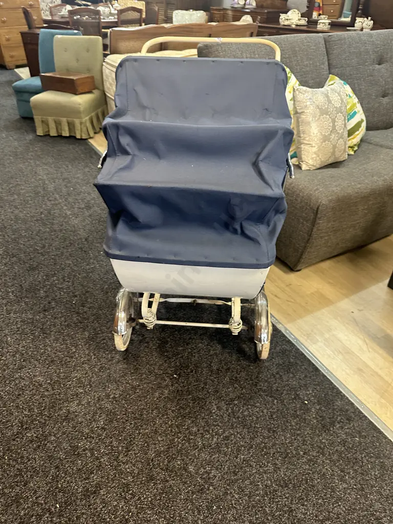 Antique Doll & Blue & White Pram Image 1++