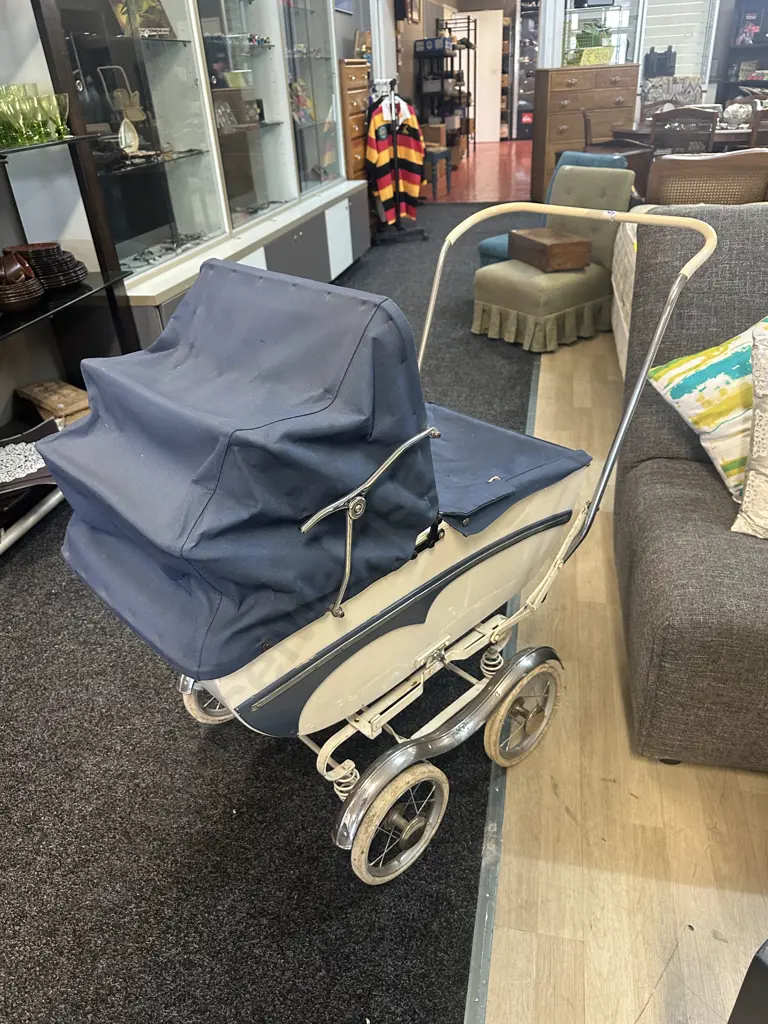 Antique Doll & Blue & White Pram Image 1++