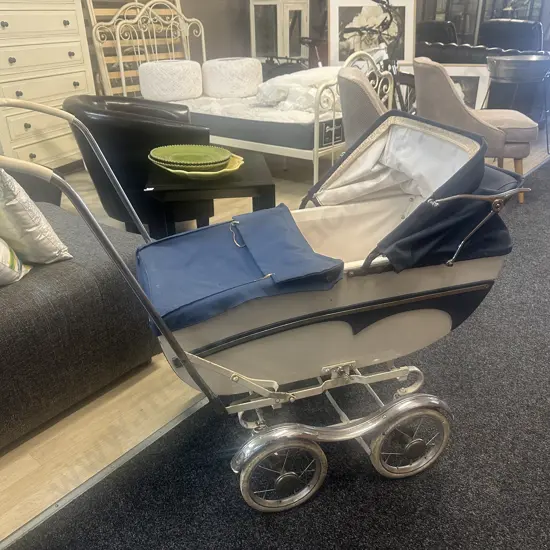 Antique Doll & Blue & White Pram