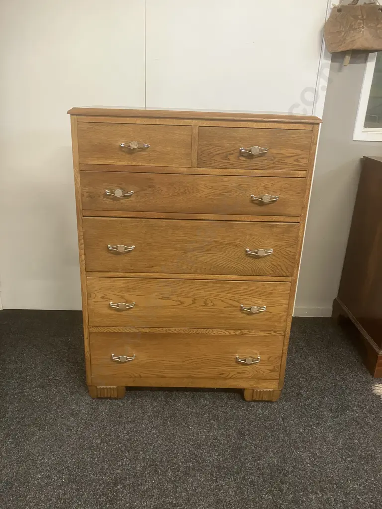Vintage Oak 6 Drawer Tallboy With Original Handles. H114 W82 D39cm Image 1++